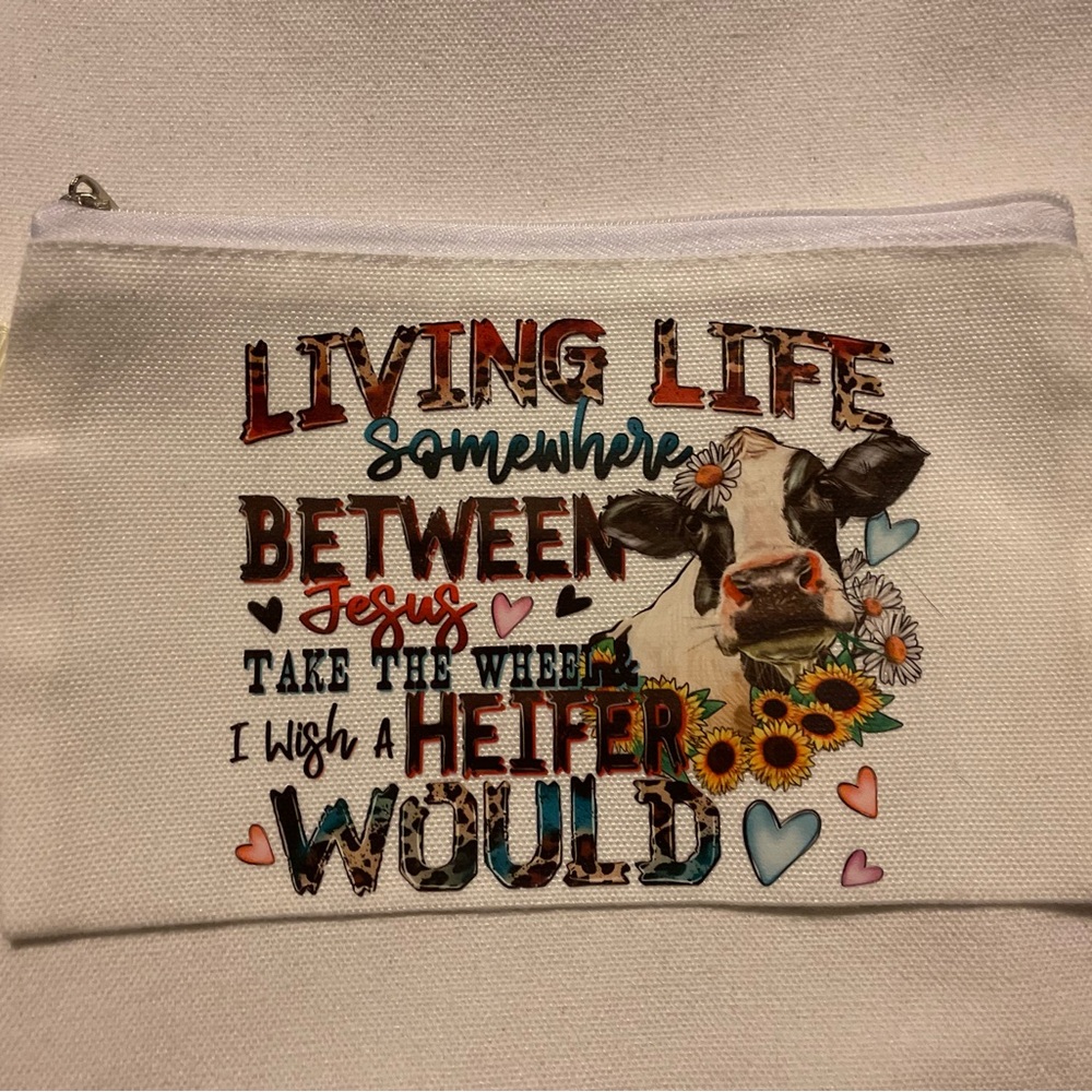 White Canvas Pouch with Cow and Floral Design